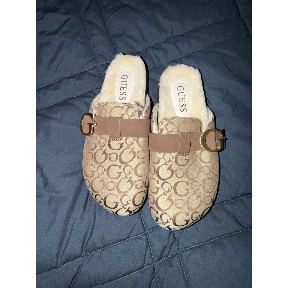 Guess Logo Monogram Clogs Faux Fur Lined Buckle Mules Tan Brown Mens 9